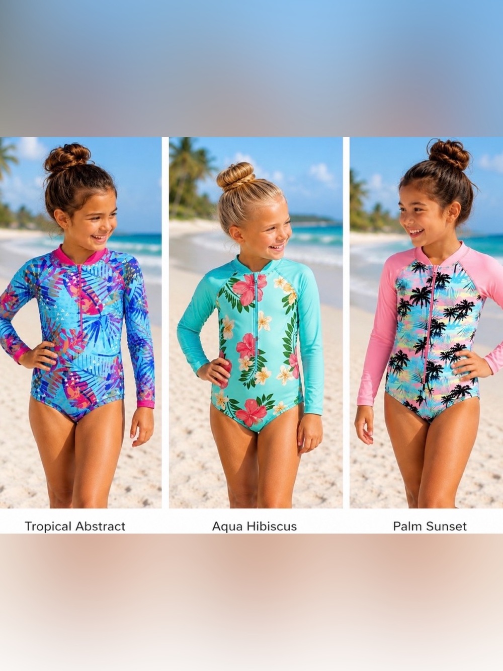 Set of 3 - Girls’ Rashguard Swim / Bathing Suits - Zip Up - US size 7-9